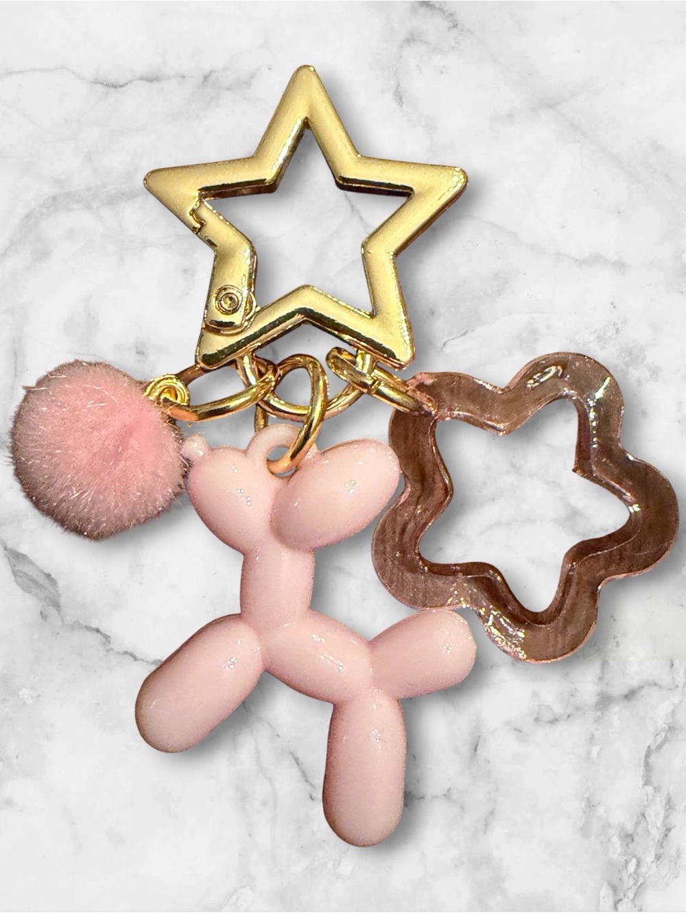Pink Balloon Dog Keychain with Gold Star Clip